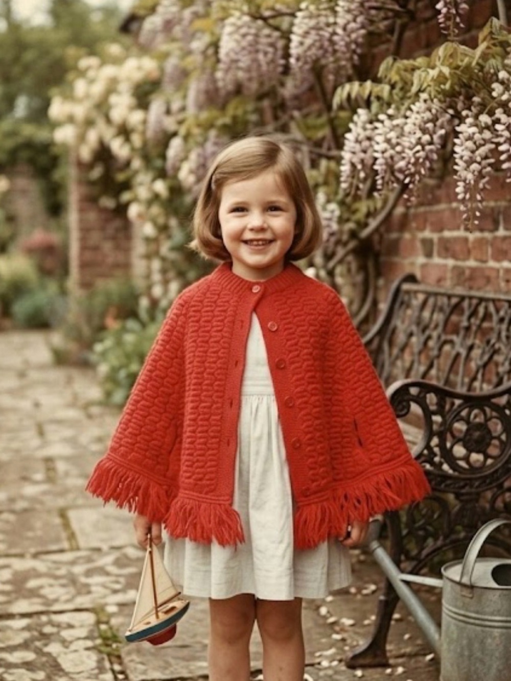 Vintage 1960s Blue Bird Toddler Knit Cape Poncho XS